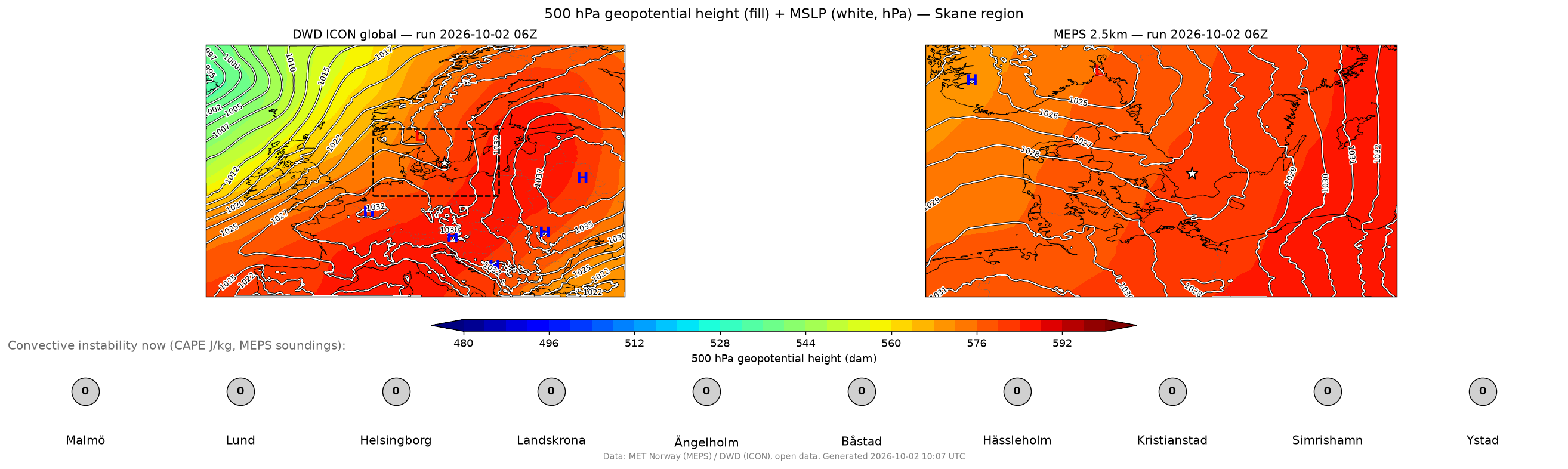 Synoptic chart for Friday 2 October 06 UTC, ICON and MEPS: 500 hPa height in colour, sea level pressure lines, a 1037 hPa high over the Baltic states and western Russia