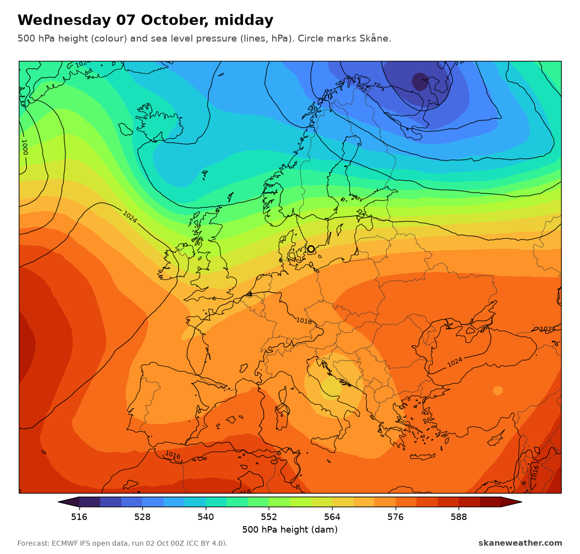 Wednesday 7 October midday: westerly flow over Skåne, a deep low over the Barents Sea