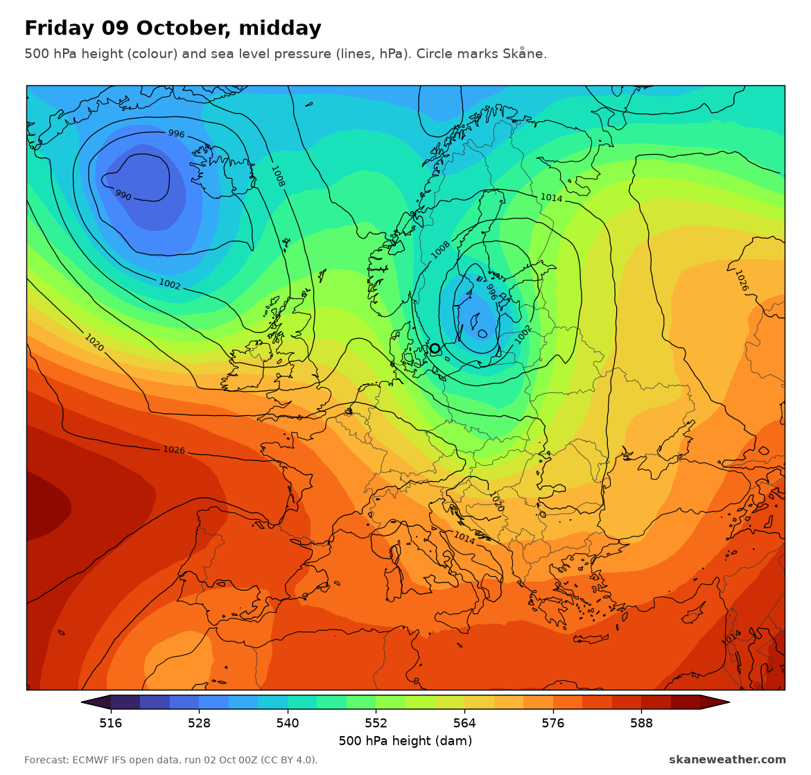 Friday 9 October midday: a low below 1000 hPa over the southern Baltic, just east of Skåne, under a cold trough