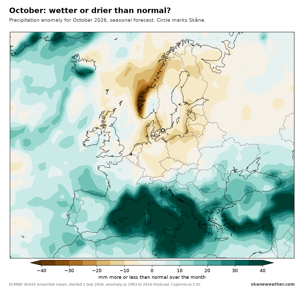 Precipitation anomaly for October 2026, dry over Scandinavia, wet over the Mediterranean