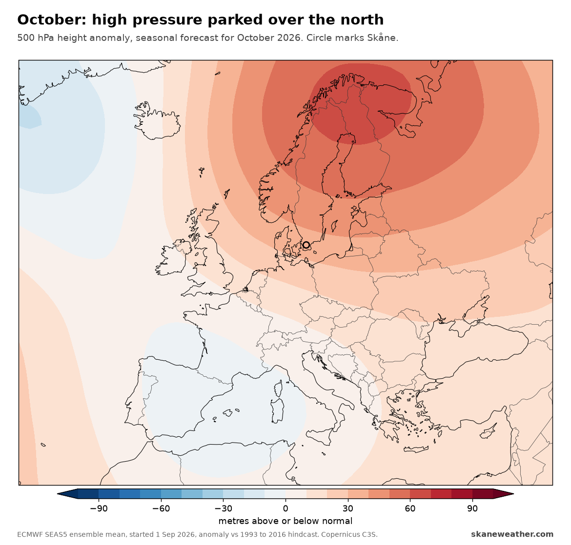 500 hPa height anomaly for October 2026, highest over Lapland